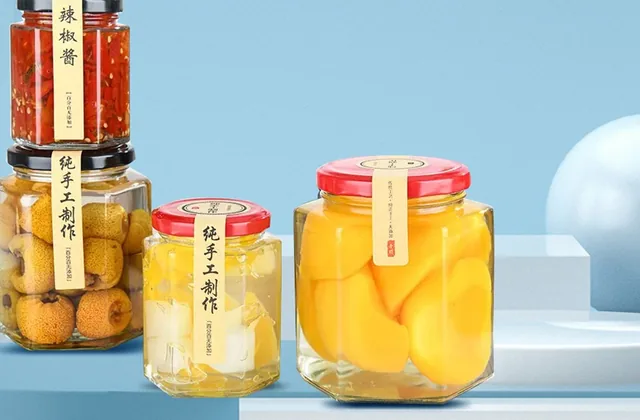 Hexagonal glass jars for food sauce honey and jam